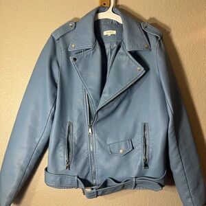 Baby blue faux leather moto jacket